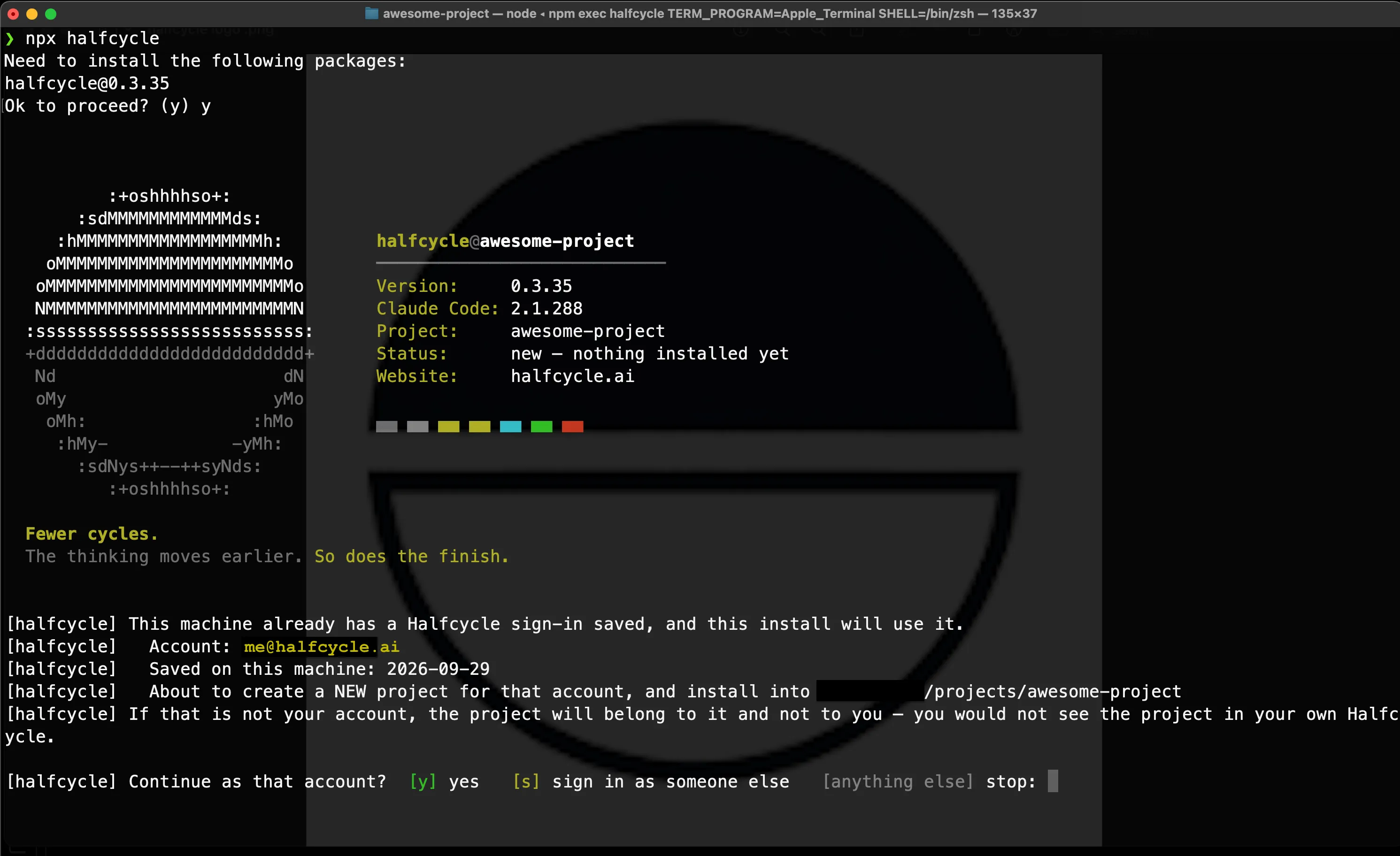 Running npx halfcycle in an empty folder, through to the project link