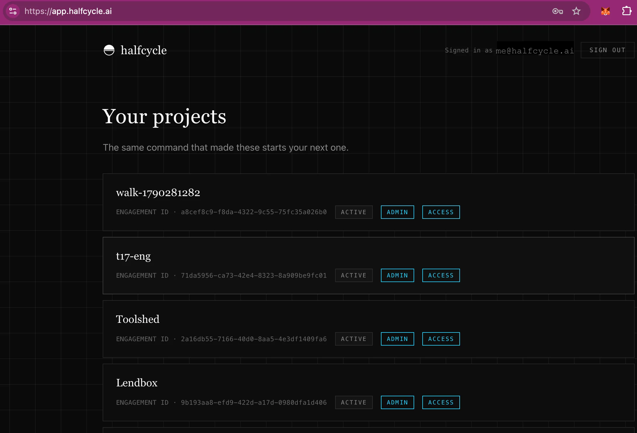 Your projects, listed after signing in at app.halfcycle.ai